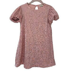 F&F Girls Pink Sequin Party Dress Short Puff‎ Sleeve Special Occasion Size 5-6Y